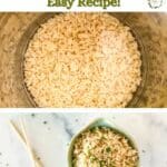 a graphic of Instant Pot Brown Rice with a chopstick on the side with texts on top saying "Pressure Cooker Brown Rice East Recipe!"..