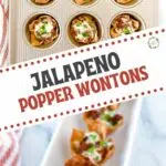 a graphic of Jalapeno popper wonton cups and a text in the middle saying "Jalapeno Popper Wontons".