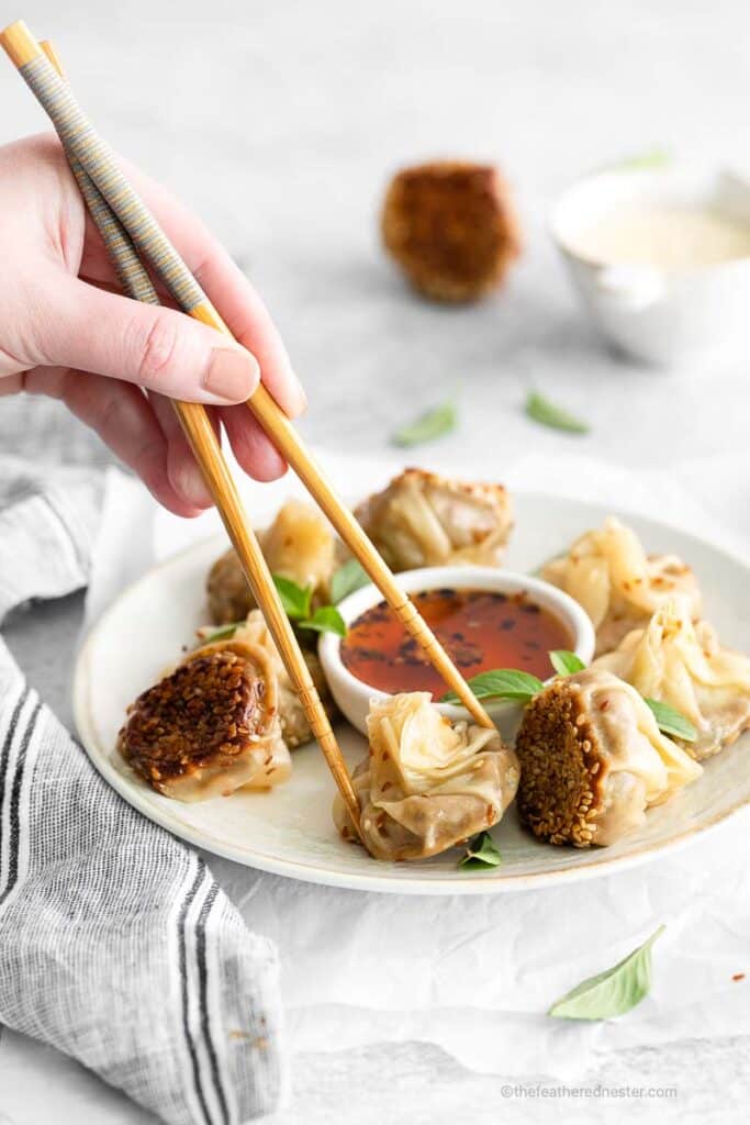 a hand holding a chopstick picking a piece of vegetarian dumplings placed in a plate.