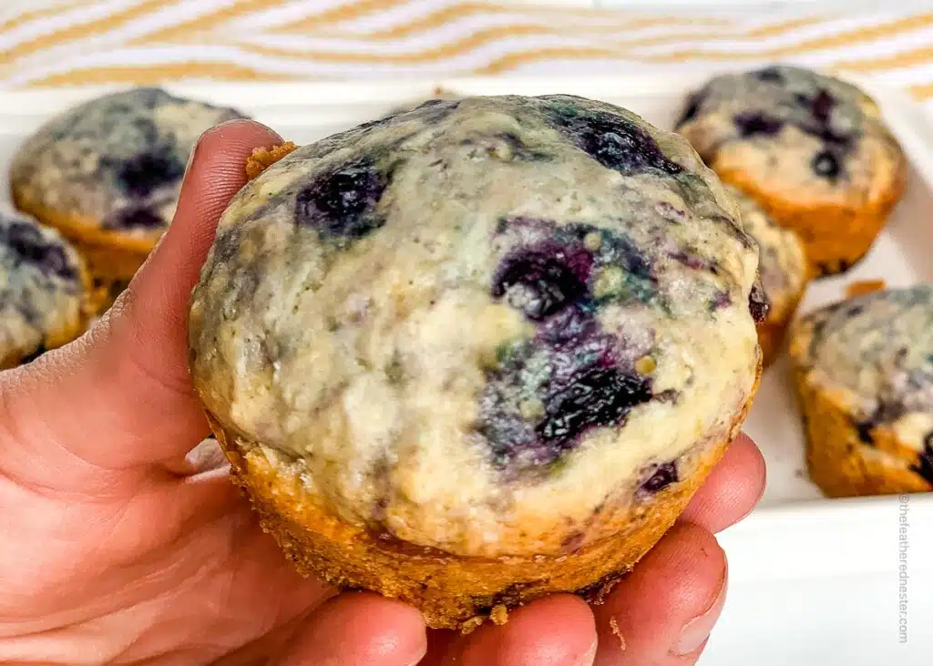 horizontal photo of a hand holding a Bisquick blueberry muffin with more muffins at the back.