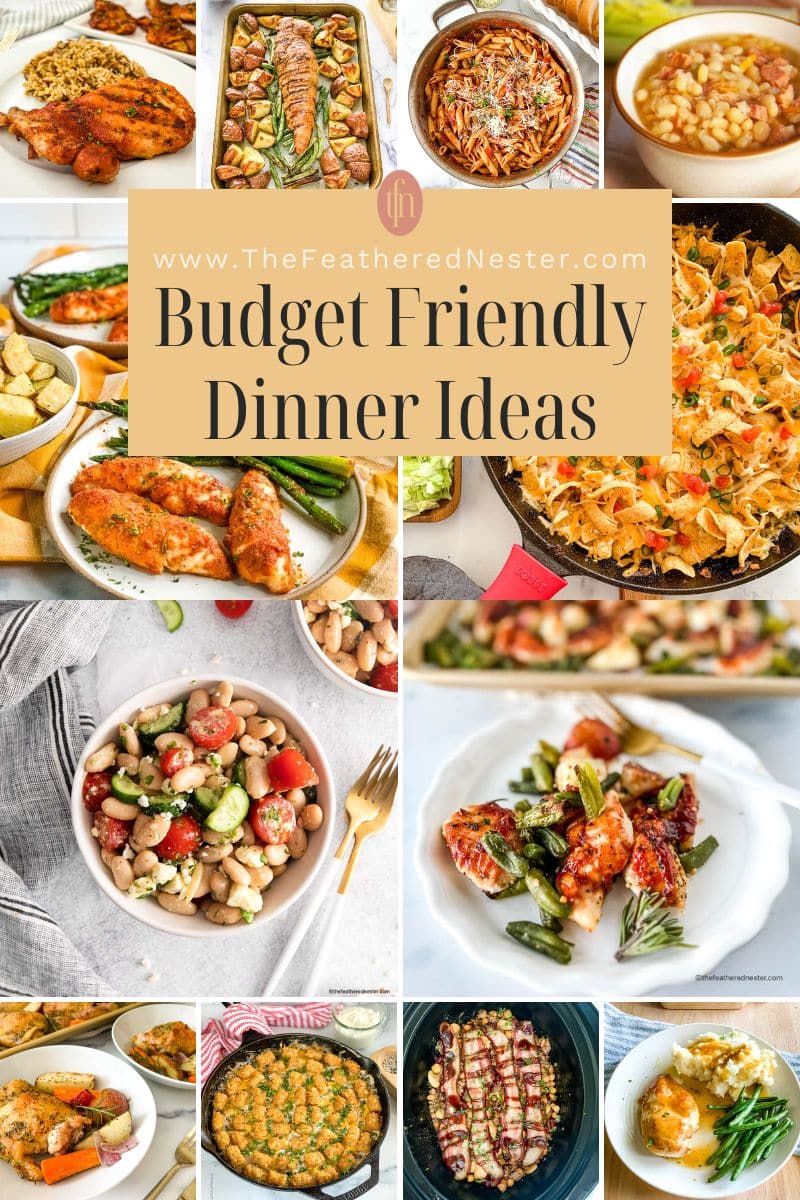 Titled collage of 12 budget friendly dinner images.