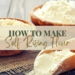 two bowls of flour and a scoop with a text in the center saying "How to Make Self Rising Flour".