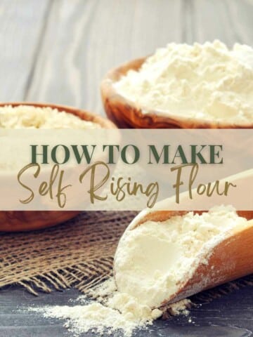 two bowls of flour and a scoop with a text in the center saying "How to Make Self Rising Flour".