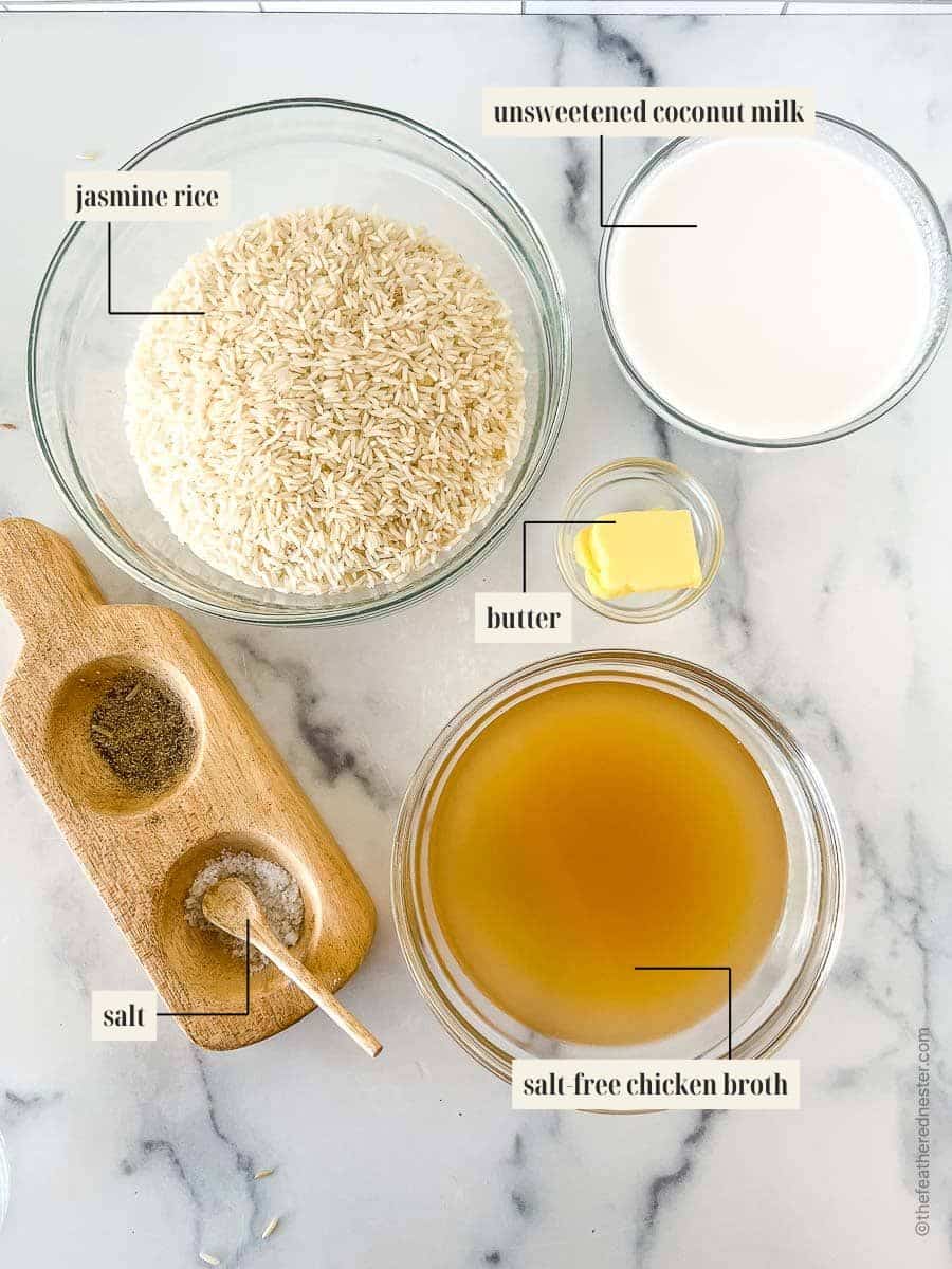Labeled ingredient image for coconut rice recipe.