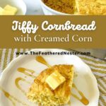 A slice of Jiffy cornbread with creamed corn on a white plate and topped with butter and drizzled with honey with a pan of Jiffy cornbread with creamed corn and a saucer of butter on the side.