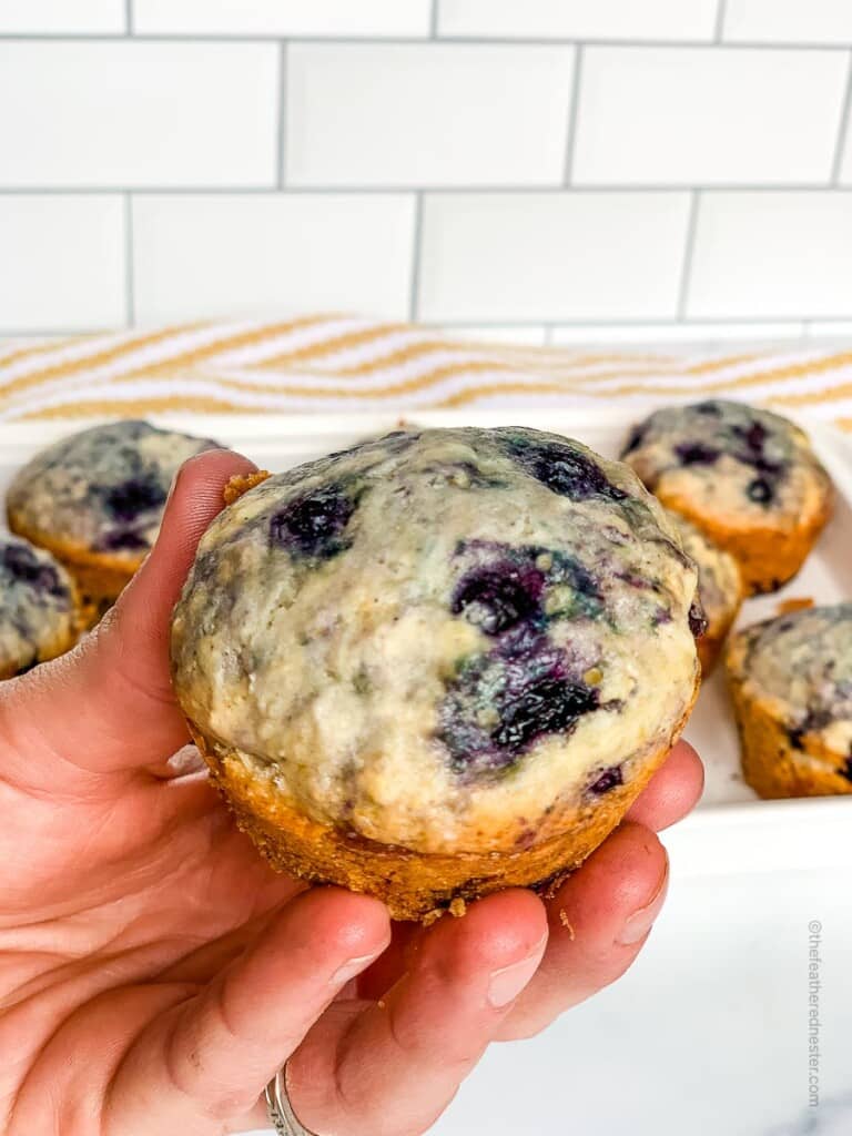 a hand holding a Bisquick blueberry muffin with more muffins at the back.