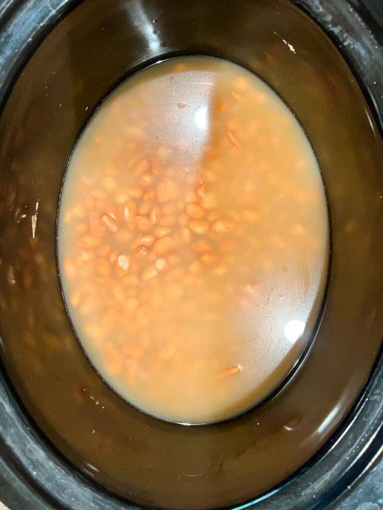 pinto beans placed inside the crock pot.