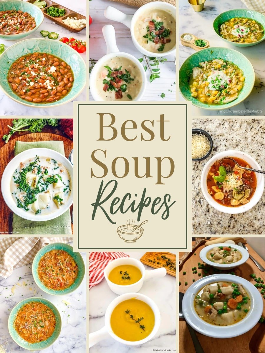 Photo collage of easy soups with a text "Best Soup Recipes" written at the center.