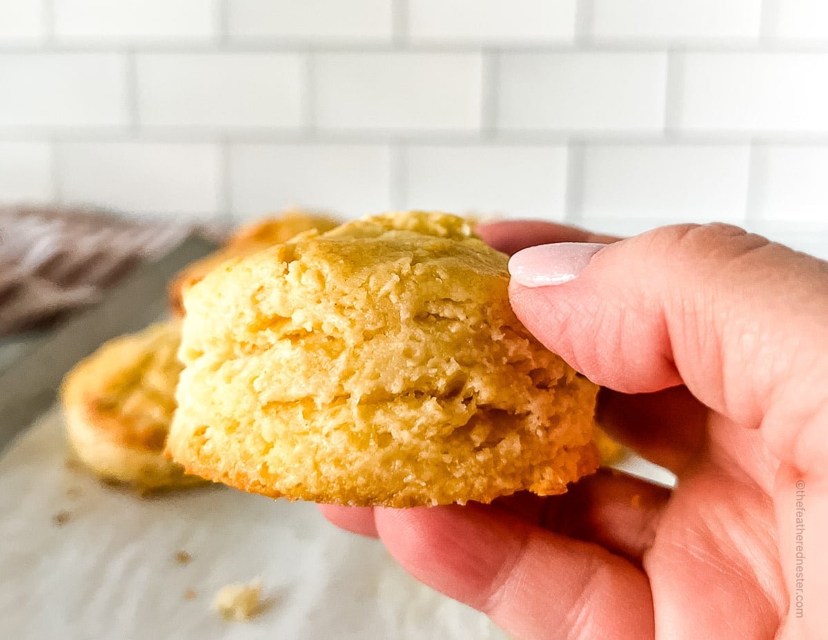 Close up of woman's hand holding a buttermilk biscuit.