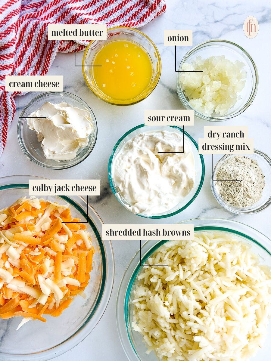 Labeled ingredient image for crock pot cheesy hashbrowns recipe.