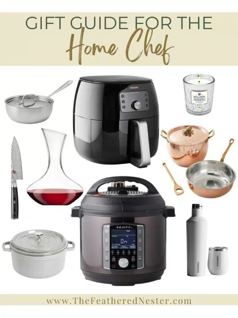 Photo collage of gift ideas for the home chef. (air fryer, instant pot, stainless pots, dutch oven, knife)