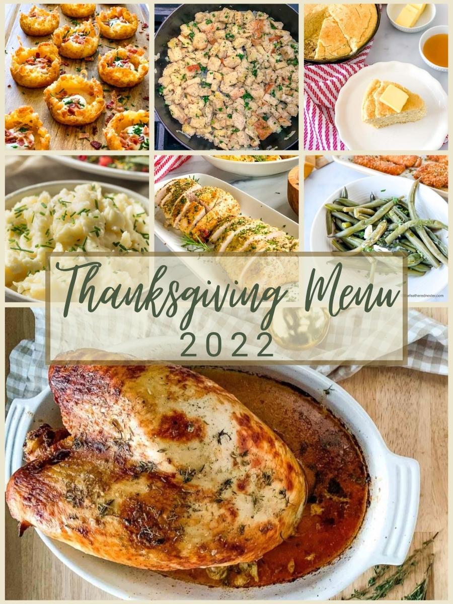 photo collage of recipe ideas for Thanksgiving with a text "Thanksgiving Menu 2022" written at the center.