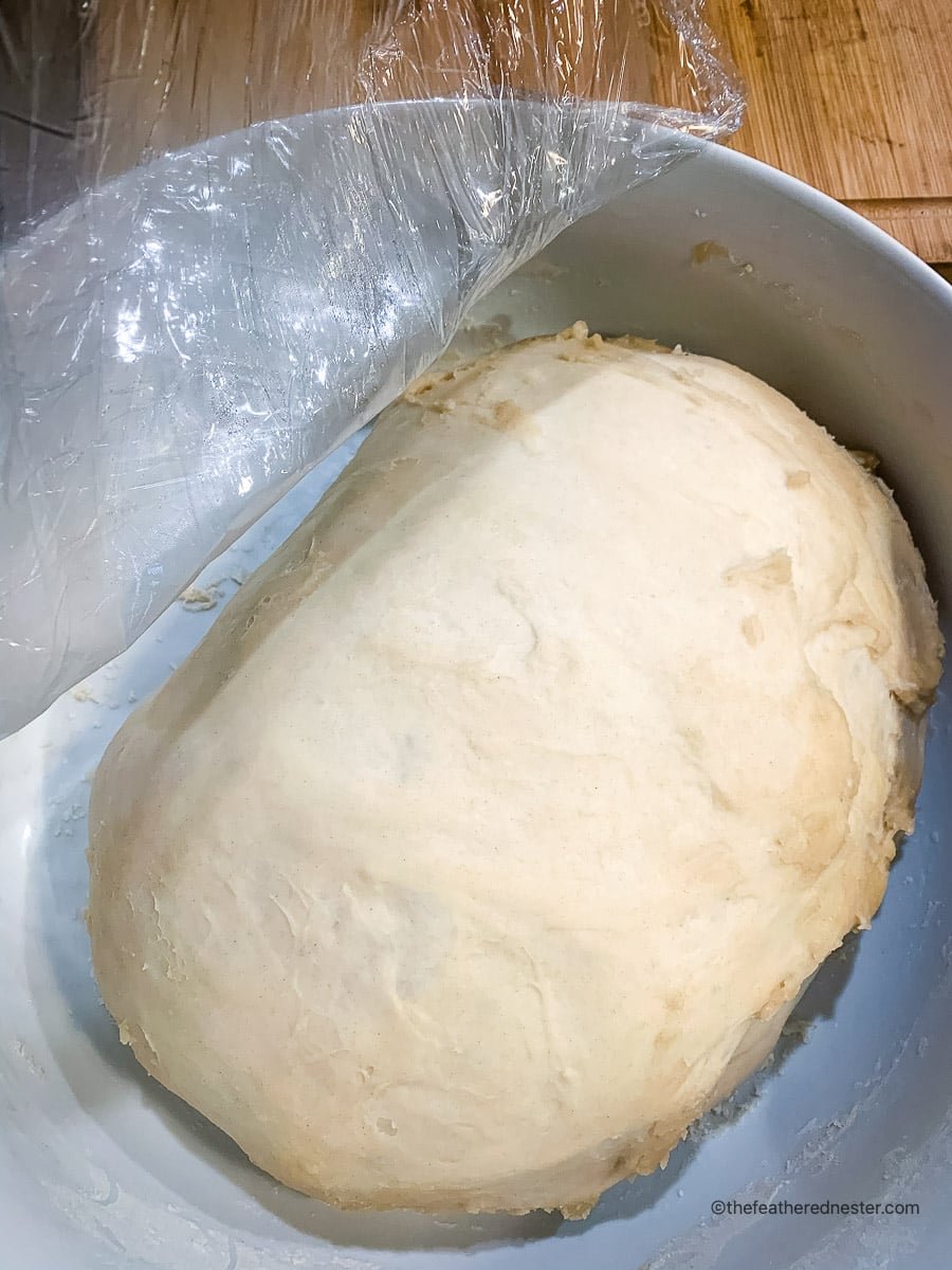 Risen sourdough roll dough on a bowl.