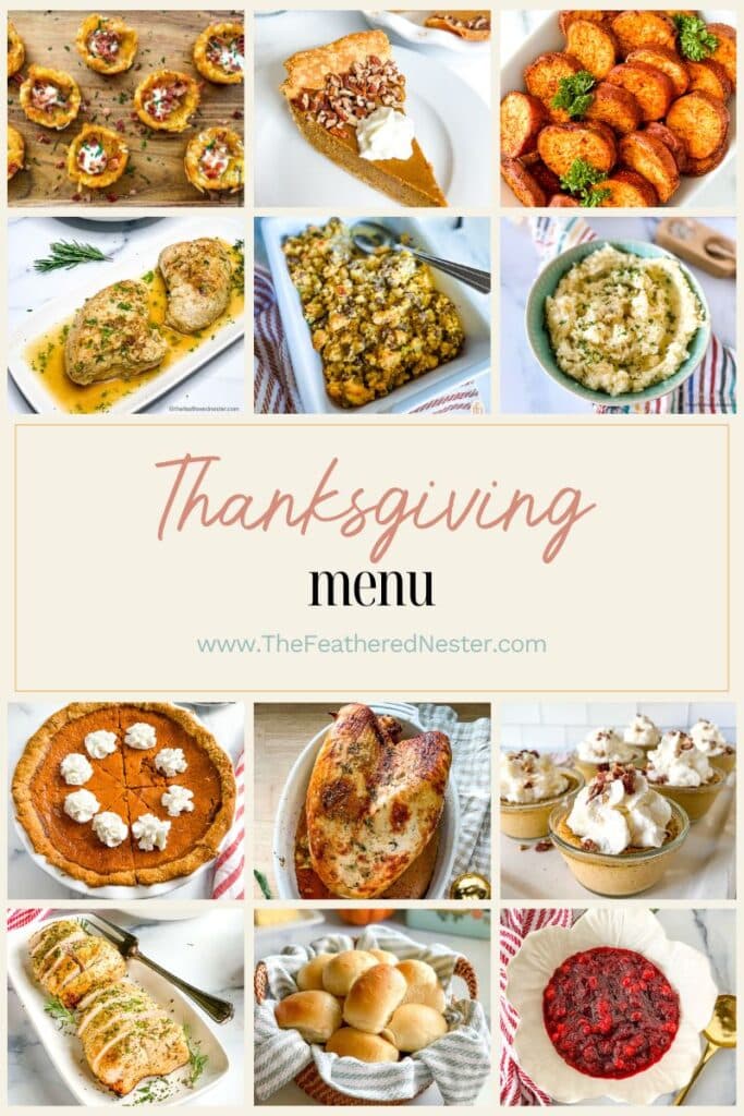 Titled graphic collage of 12 thanksgiving menu images.