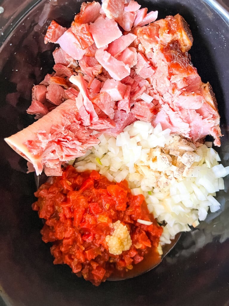 A pork hock, diced tomatoes, and diced onions in slow cooker for a soup recipe.