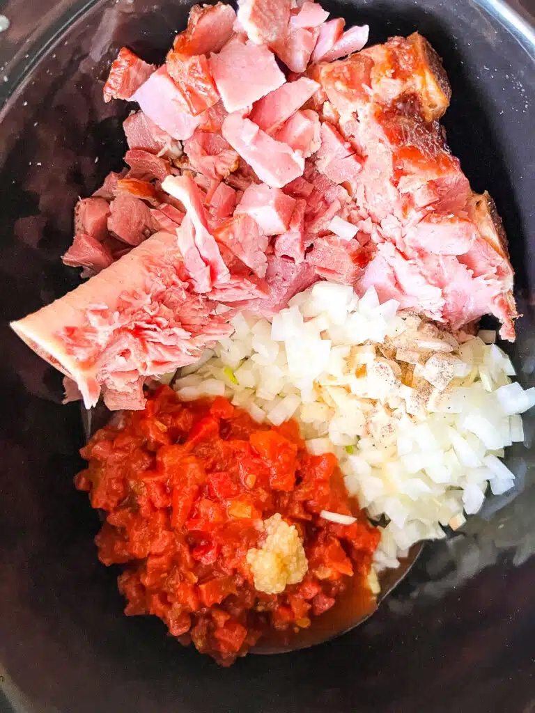 A ham bone, diced tomatoes, and diced onions in slow cooker for a ham and bean soup recipe.