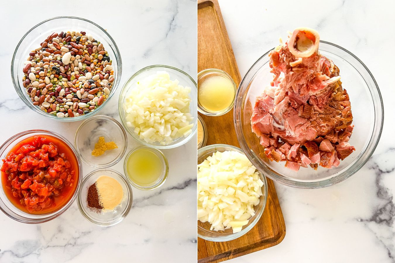 15 bean soup ingredients in clear bowls.