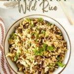 A bowl of Instant Pot wild rice with writings on top and bottom
