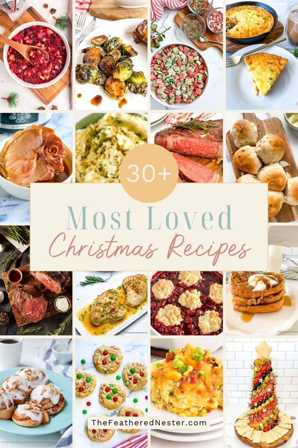Titled graphic collage of 16 christmas food images.