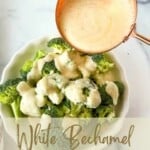a plate full of broccoli getting drizzled by a spoonful of white cheese sauce. with writings on the bottom part