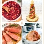 A collage featuring seven Christmas food ideas with the title "CHRISTMAS food ideas" at the top. Dishes include cranberry sauce, a charcuterie board shaped like a Christmas tree, sliced steak, a ham in a slow cooker, and smaller images of various sides and desserts. The website "TheFeatheredNester.com" is at the bottom.