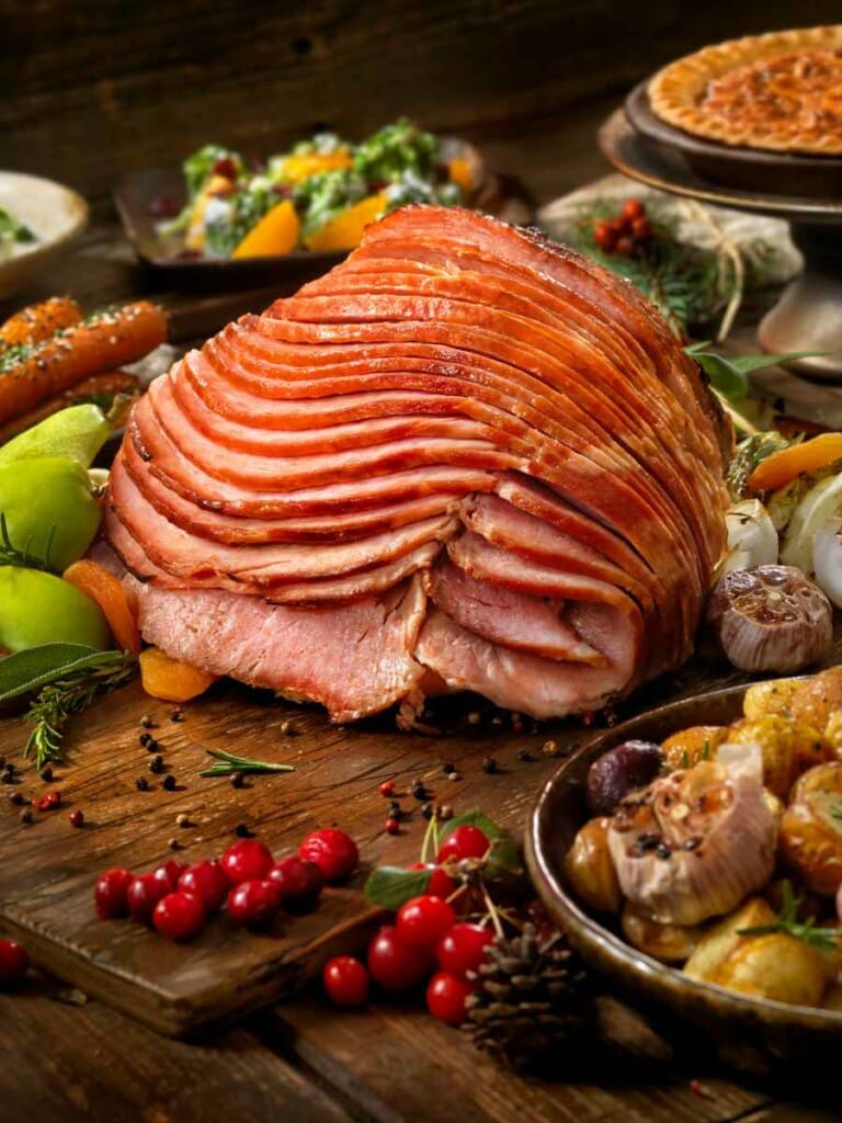 Spiral cut Dr Pepper ham on a wooden cutting board with Thanksgiving side dishes in the background.