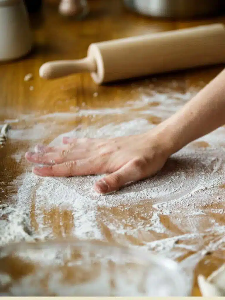 dusting a counter surface with flour.
