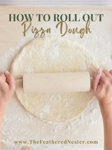 a hand holding a rolling pin and rolling out pizza dough with a text on top saying "How to Roll Out Pizza Dough".