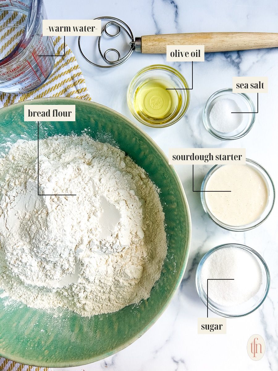 Labeled ingredient image for sourdough dinner roll recipe.