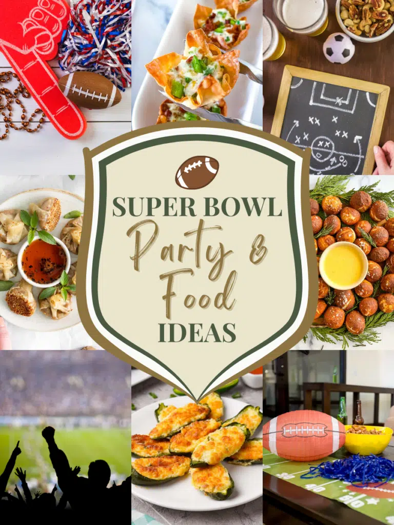 photo collage of foods and super bowl graphics with text at the center saying "Super Bowl Party & Food Ideas".