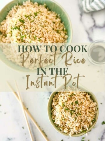 photo of rice recipe with text in the middle saying "How to Cook Perfect Rice in the Instant Pot".