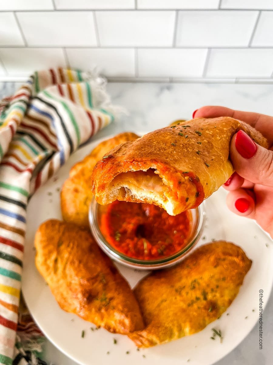 a hand holding a piece of Pepperoni Calzones and a plate full of it at the back.