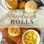 sourdough rolls in a basket and sourdough roll in a serving board with a bowl of butter