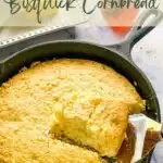 A pan of bisquick cornbread with writings on the upper and lower part.