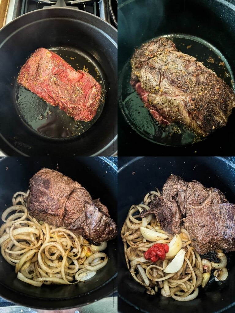 Collage image of 4 steps in the process of making chuck roast in oven.