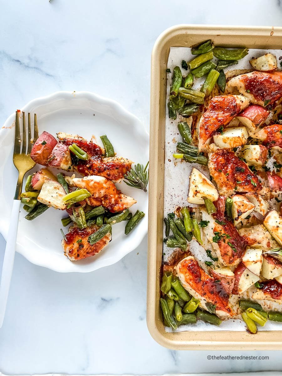 Chicken sheet pan dinner next to a plated serving of BBQ chicken tenders.