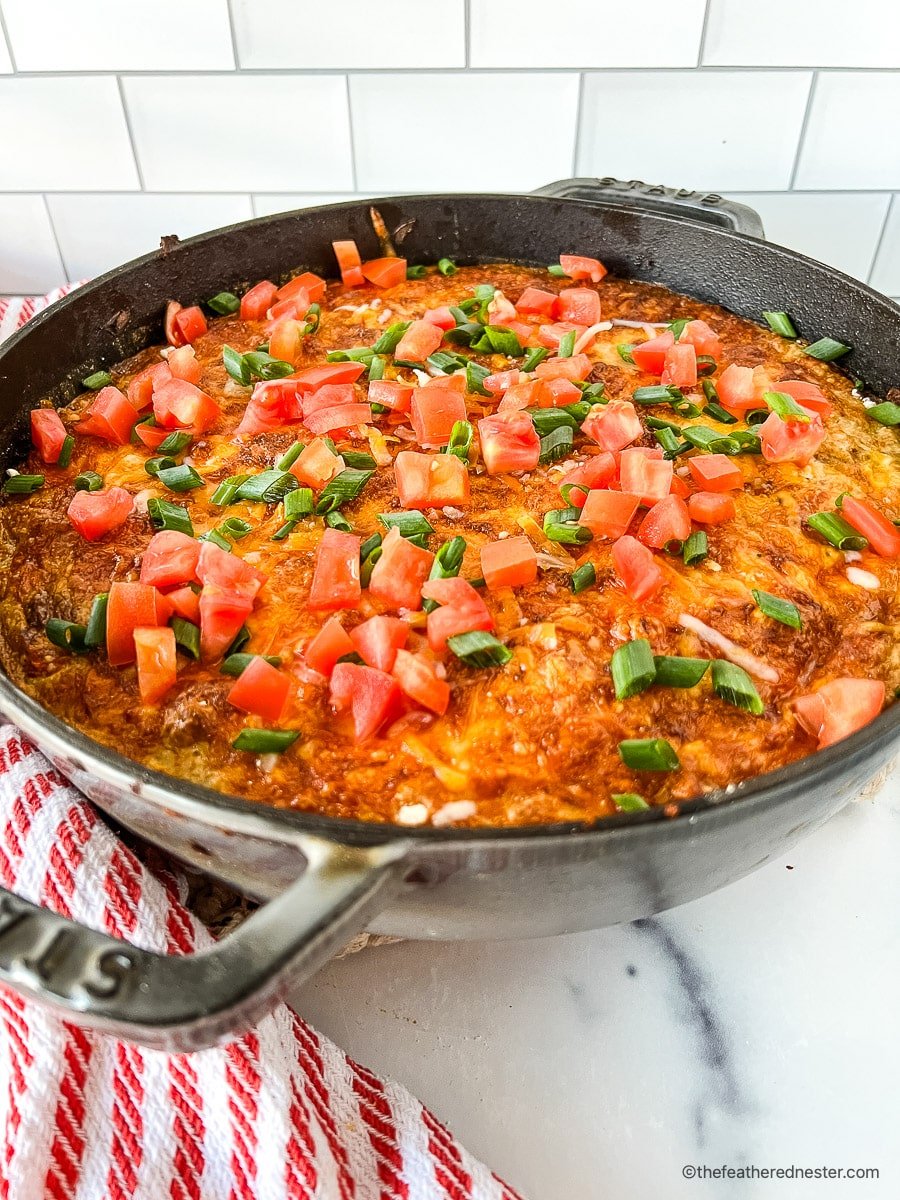 Tex Mex egg bake in a cast iron pan.