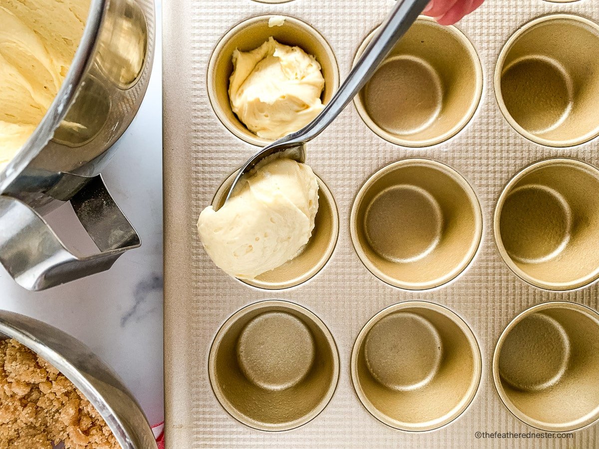 Spooning batter into a baking pan for cinnamon muffin recipe.