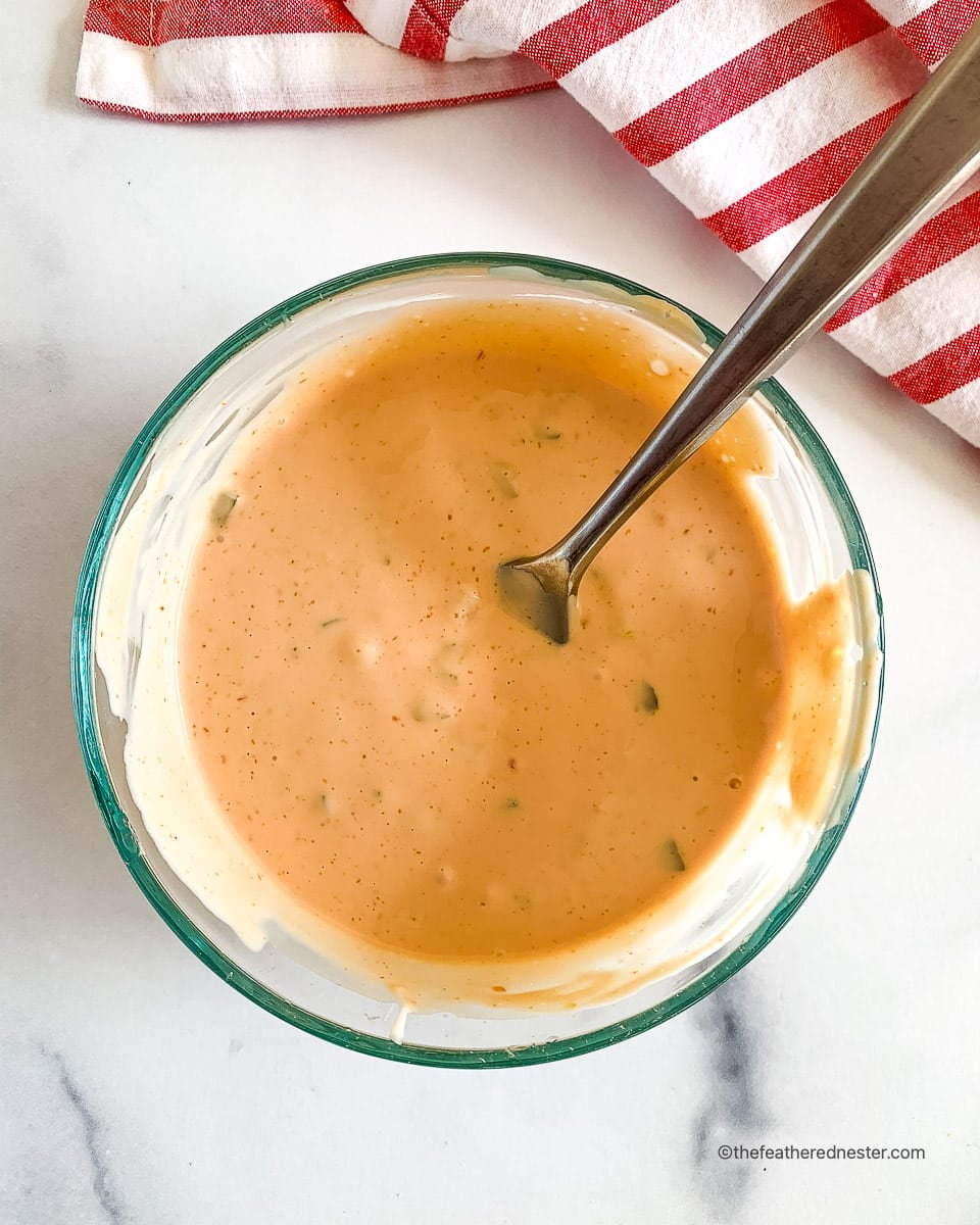 Looking down into a bowl of creamy fry sauce.