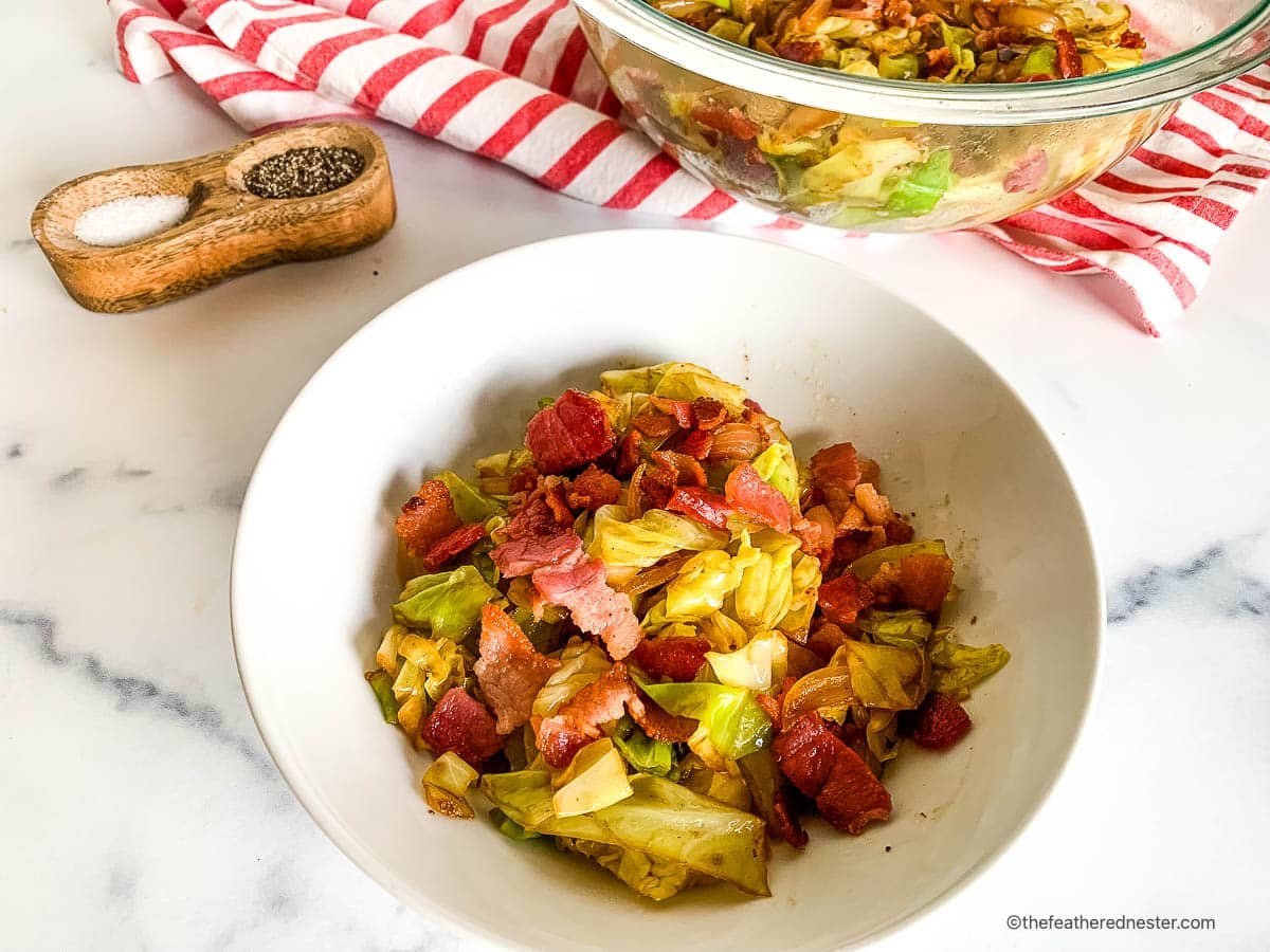 A bowl of Irish fried cabbage with bacon 