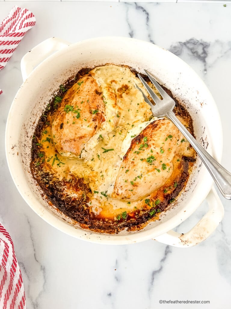 Ruth Chris chicken recipe, baked in a white dish.