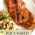 Baked pork steak on a plate with salad.