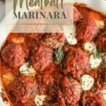 Serving dish with skillet meatballs in marinara sauce.