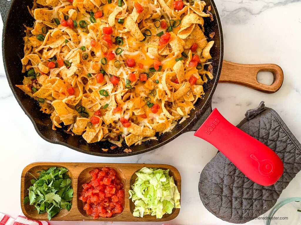 Tex-Mex skillet meal on a trivet.