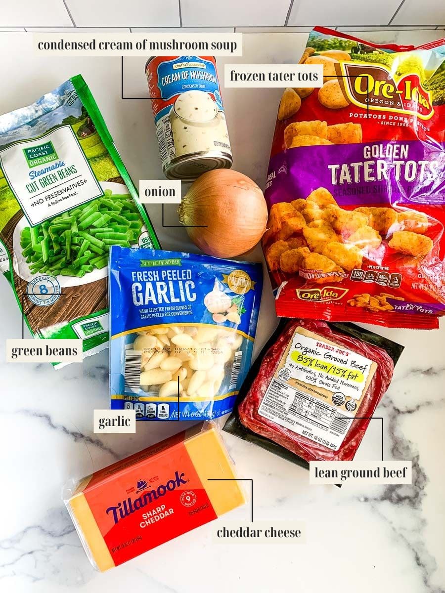 Labeled ingredient image for tater tot casserole with green beans recipe.