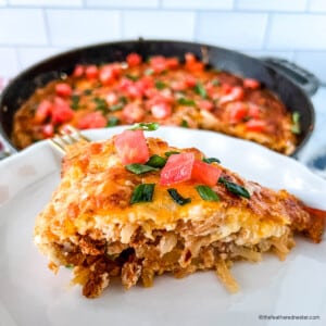 Plated slice of Tex Mex style Bisquick breakfast casserole.