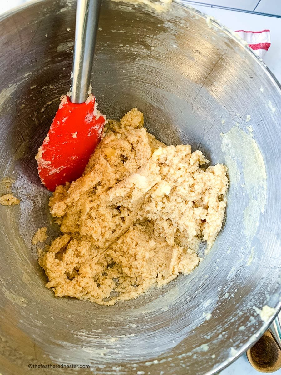 Mixing dough for a cookie recipe without eggs.