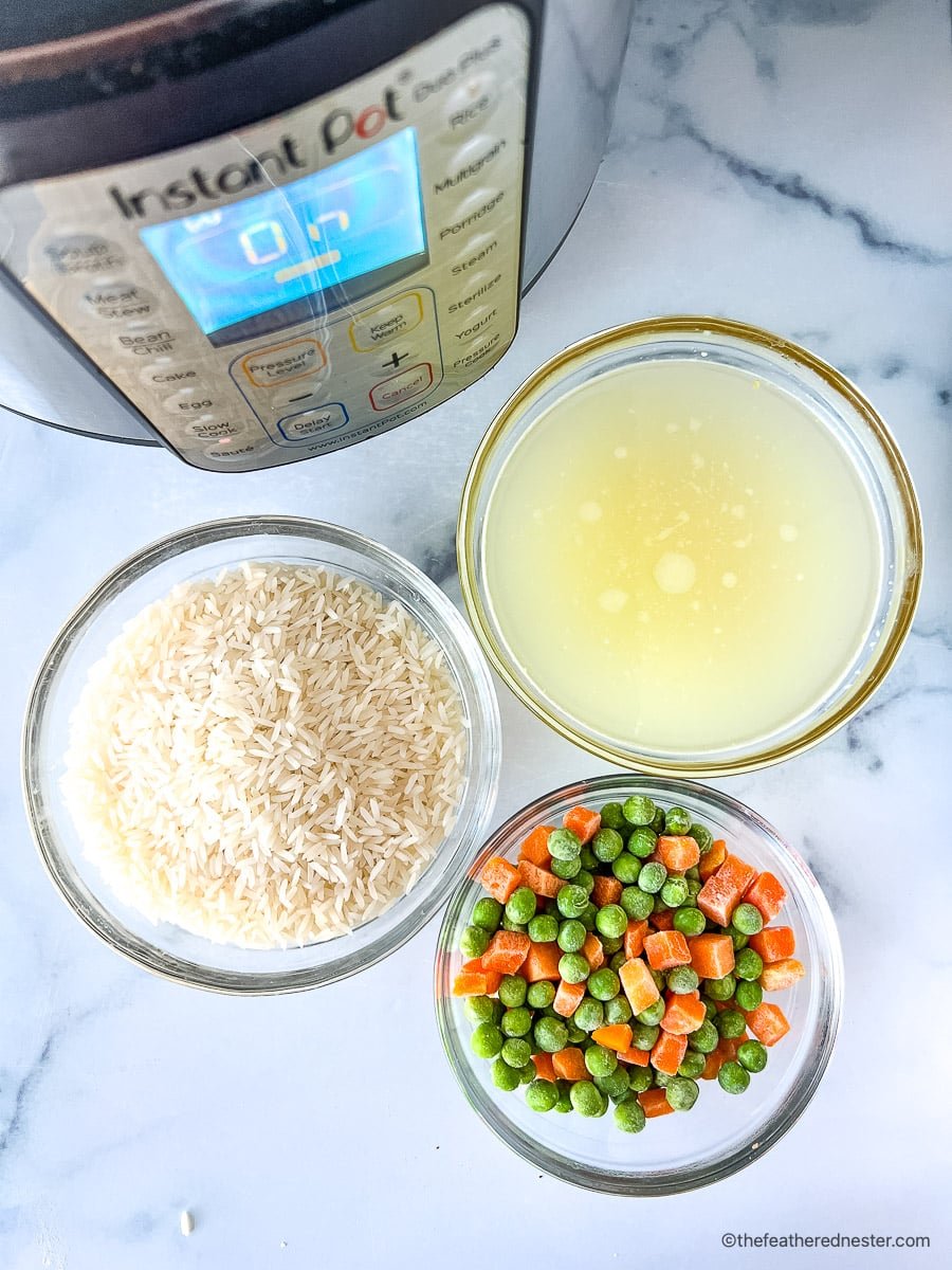 3 bowls of ingredients for Instant Pot rice pilaf