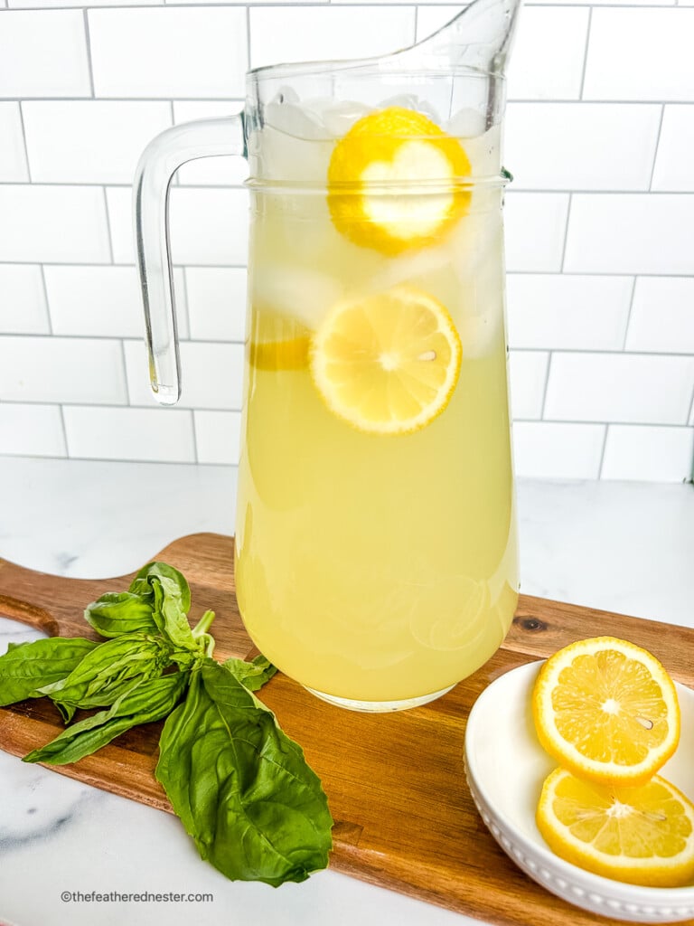Large pitcher of fresh squeezed lemonade.