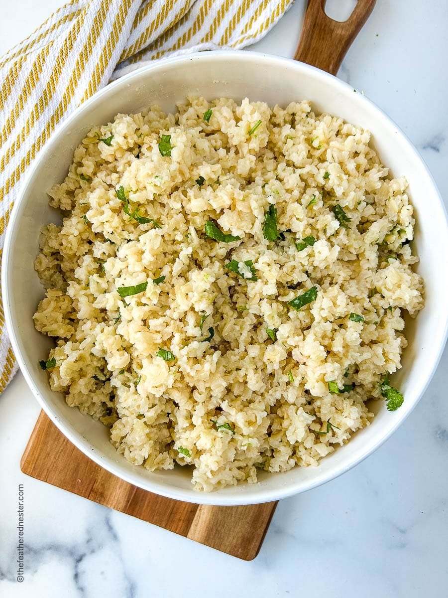 Overhead view: Serving dish of Chipotle brown rice.